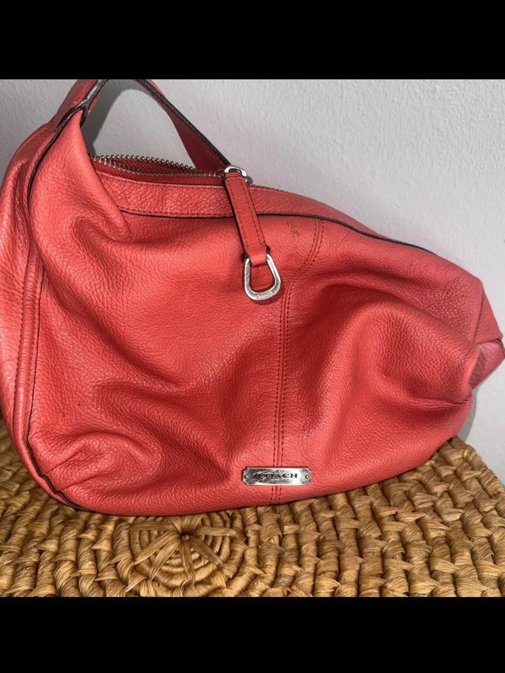 Coach Coral-Red Pebbled Leather Shoulder Hobo